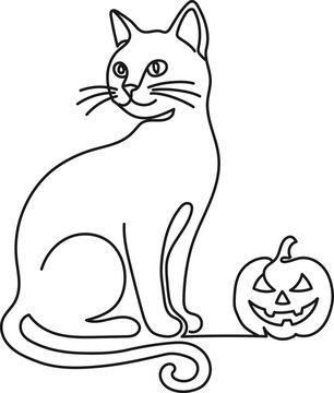 Minimalist Halloween Line Art Featuring Sitting Cat Next To Spooky Pumpkin