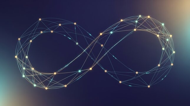 Abstract digital infinity loop with connected glowing lines and dots on dark background