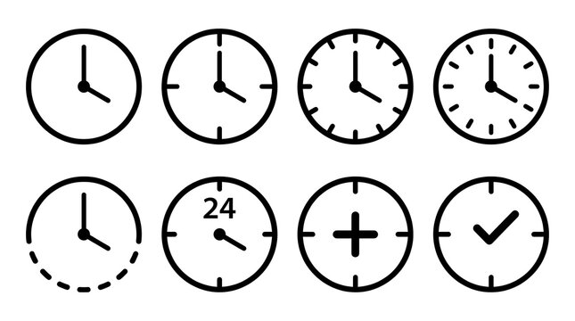 Set of black outline flat clock icons isolated on white background