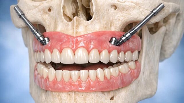 Dental Implants and Prosthetic Teeth on a Human Skull Model