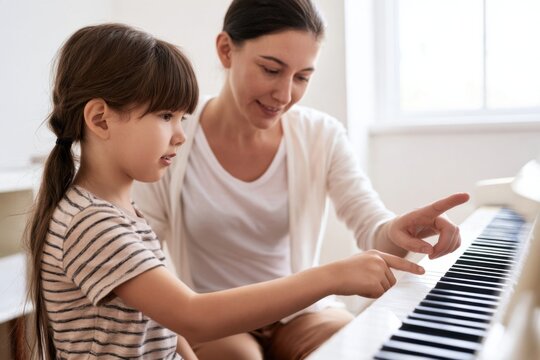 Child learning piano with music teacher during private lesson, seated at keyboard in bright modern classroom, teacher guiding students hand toward keys