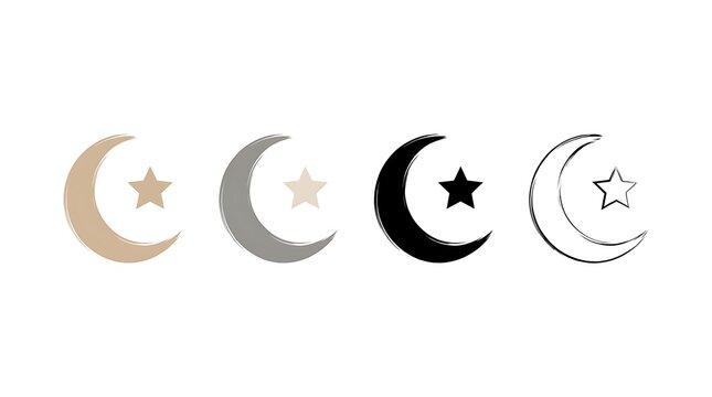 Set of four handdrawn crescent moon and star icons in various minimalist color styles
