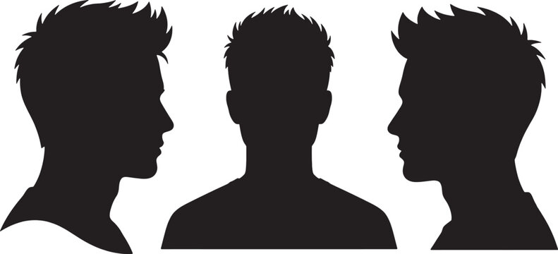 Male head silhouettes featuring three different viewing angles displayed as a clean black vector graphic design on a white background