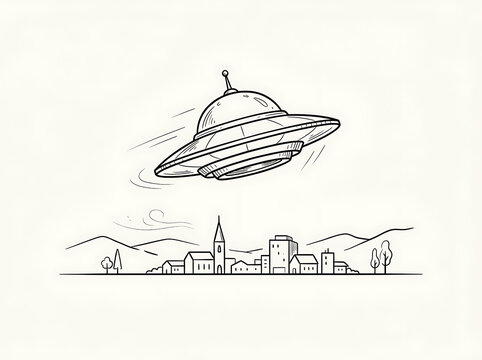 Line art illustration of a flying saucer hovering over a quaint village with sci fi science fiction black and white outer space spacecraft landscape illustration