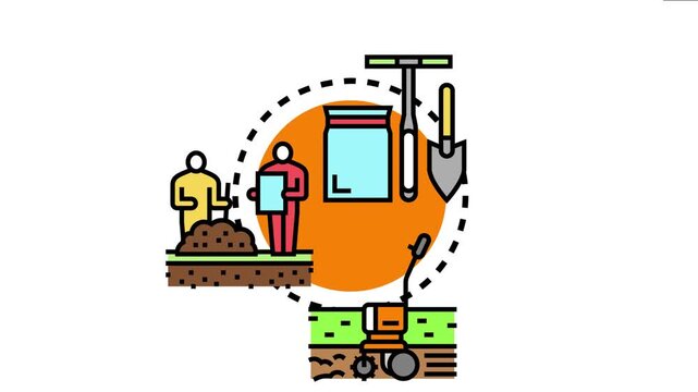 Agricultural workers and specialists performing soil management activities, using tools like a shovel, bag, and cultivator to ensure healthy, fertile land and sustainable environmental practices