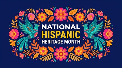 Obraz premium National Hispanic Heritage Month decorated with colorful flowers and birds in a festive floral border illustration.
