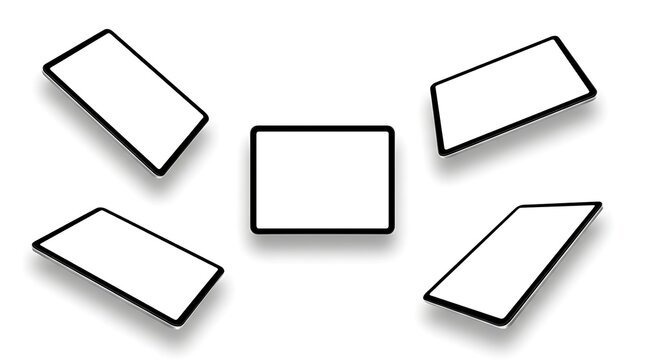 Set of multiple digital tablet computer mockups with blank white screens displayed from various different angles