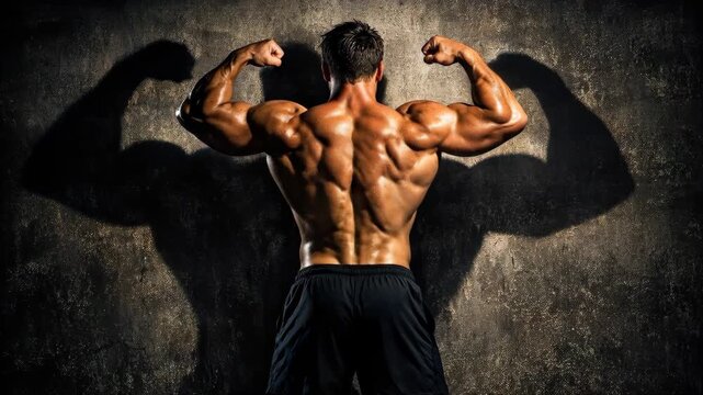 Muscular man flexing back muscles in front of a wall with shadow