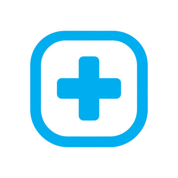 Blue cross medical symbol in a rounded square frame serves as a minimalist UI icon.
