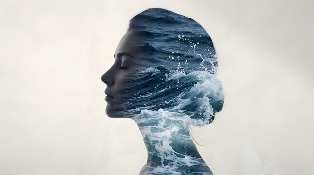 Double exposure of woman silhouette with ocean waves showing neural flow, mental connectivity, and deep consciousness