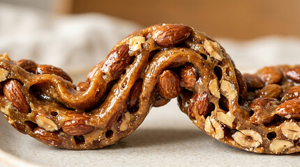 Obraz premium Sweet almond nougat candy, close-up, twisted shape, snack food, confectionery