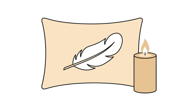 Pillow with white feather silhouette and burning candle on side