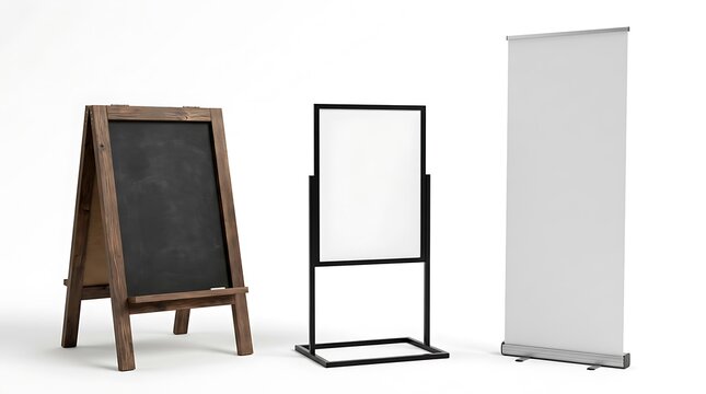 Set of three empty advertising sign boards including a wooden chalkboard and a roll up banner