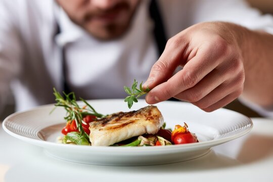 Chef garnishing a plated dish with fresh herbs beside grilled fish and vegetables on a white ceramic plate, soft focus on the chef in the background