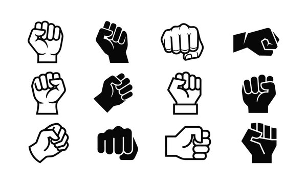 Set of black fist icons showing different hand gestures and punching poses for protest symbols or strength and power design elements in vector style