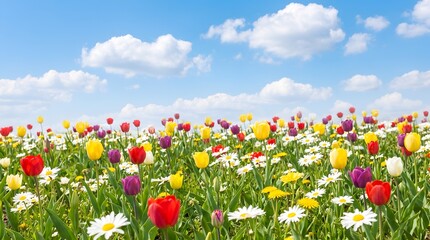 Obraz premium Colorful spring field with blooming tulips and daisies under blue sky.