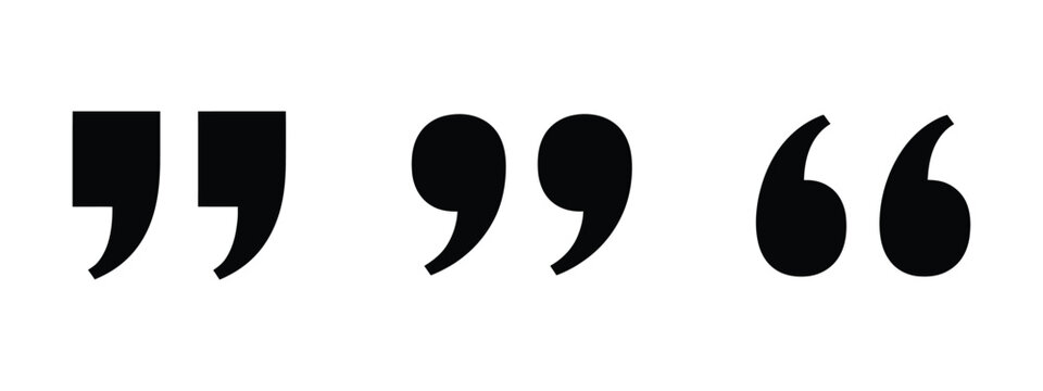Quotation marks icon set, bold double quote punctuation symbols isolated on white background for text citation, speech, statements, typography, communication, and graphic design.