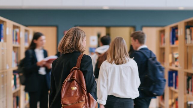Blurry figures of students in a school hallway with a muted teal wall, featuring a natural institutional atmosphere for education and social issues