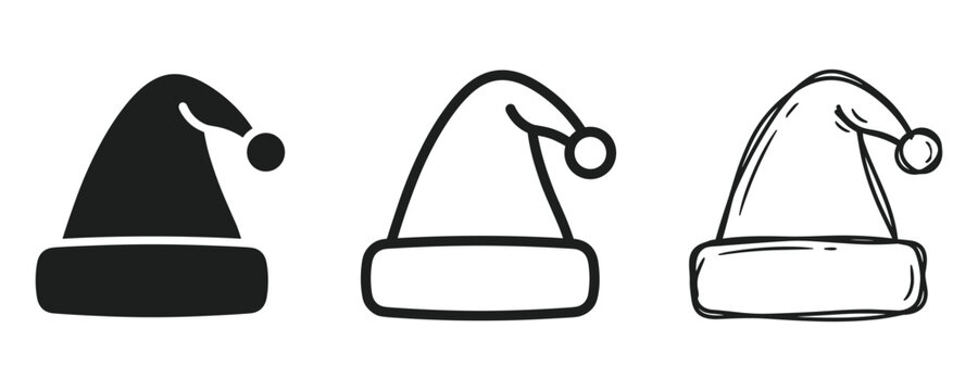 Set of christmas santa claus hats in solid silhouette and outline styles