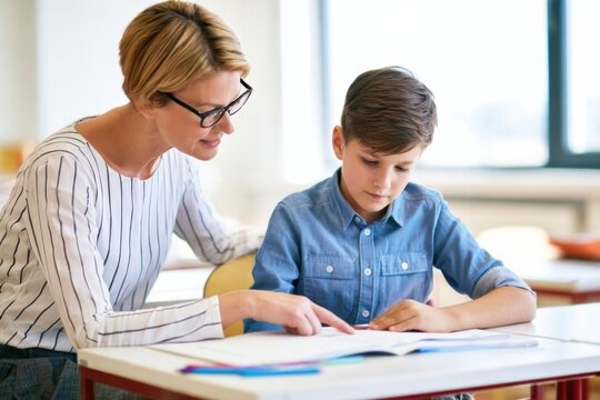 Female teacher assisting a schoolboy with an assignment at a classroom desk, gently pointing to the workbook while the student focuses on the task