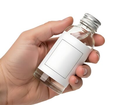 Hand holding glass bottle with silver cap and white label for product display