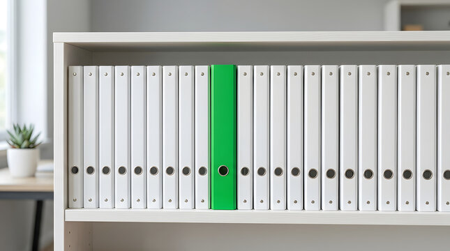 Row of white office binders on a shelf with one standout green folder representing organization and unique growth potential