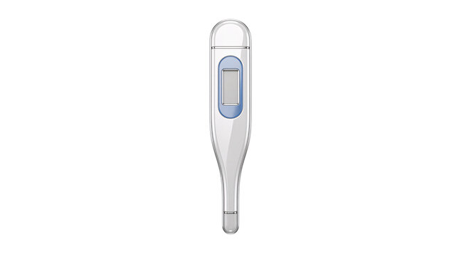 Digital thermometer with blue display on white background, on png isolated background