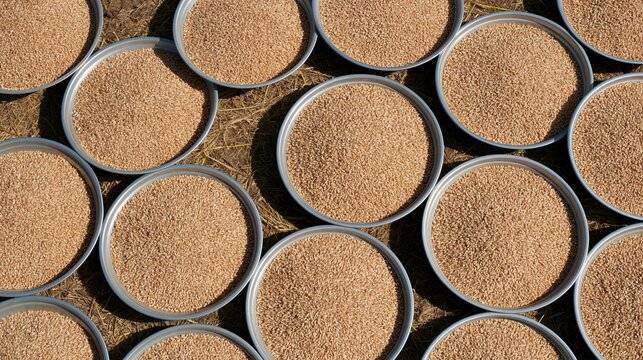 Dry corn grain samples in shallow steel pans, arranged in a symmetrical pattern with golden chaff for agriculture and farming industry