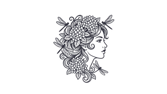 Ornate line art profile with dragonflies and blooming berries.