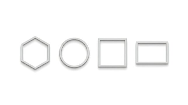 Set of white geometric picture frames with soft shadows isolated on a clean white background