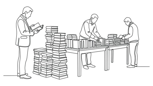 Continuous line art illustration of people reading and browsing books in a library or bookstore.