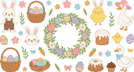Obraz premium Cute Easter Holiday Vector Elements Set with Bunny Rabbits Colorful Eggs Wreath Wicker Baskets and Baby Chicks for Spring Party Greeting Card Designs