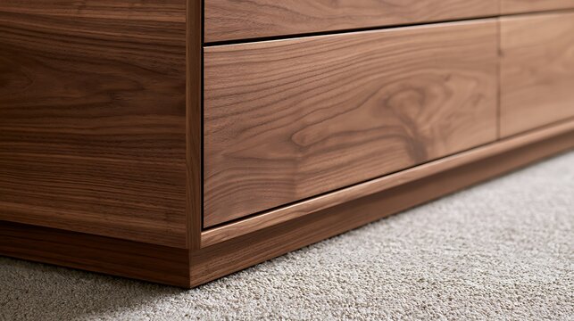 Modern walnut wooden furniture drawer close up detail.