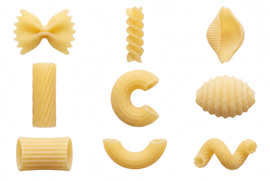 Variety of Traditional Italian Dried Pasta Shapes Arranged in a Grid