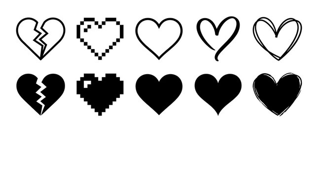 Set of diverse heart shapes including pixelated hand drawn and broken heart icons isolated on white background