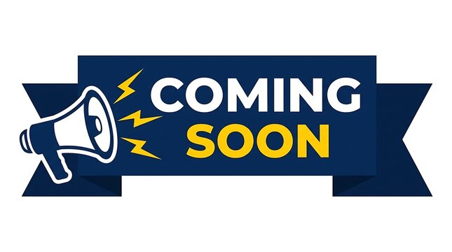 Megaphone announcing coming soon text on dark blue banner with lightning bolts, ideal for marketing promotions and new product launches.
