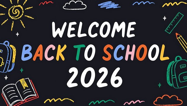Welcome back to school 2026 lettering on black chalkboard background with doodle school