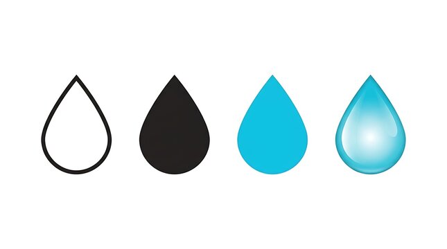 Set of four different water drop icons with various design styles and colors isolated on a white background