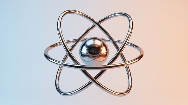 Abstract metallic atom model with orbiting electrons symbolizing science, research, and molecular structure in a futuristic digital representation.