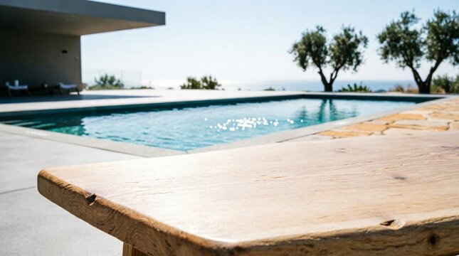 Modern Poolside Terrace with Wooden Table and Ocean View for Luxury Lifestyle