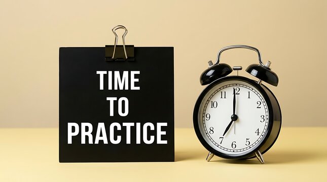 Elegant table setting with blackboard displaying time to practice message beside classical clock face represents punctuality task dedication and preparation.