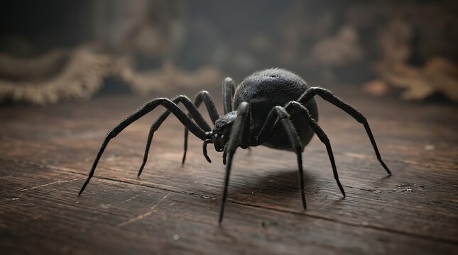 A large black spider resting on a rustic wooden surface in a dark environment.
