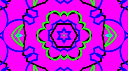 Colorful vibrant pink mandala kaleidoscope pattern featuring a central star geometric shape. © YUSUP