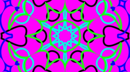 Vibrant magenta abstract floral kaleidoscope background with green cyan geometric linear elements. © YUSUP