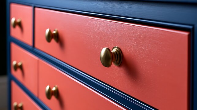 Modern painted wooden chest of drawers with gold knobs.
