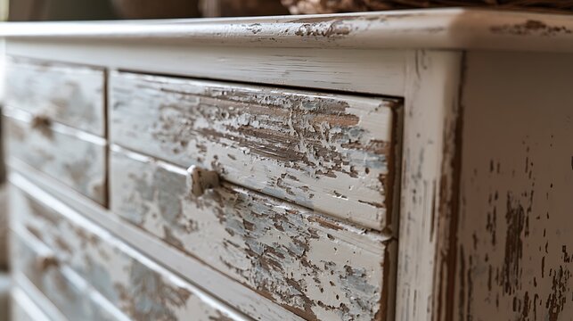 Close up of an old distressed white wooden dresser drawer.