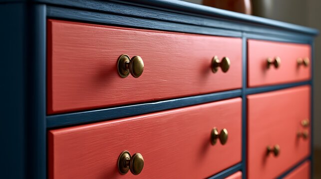 Modern painted wooden chest of drawers with blue frame and coral red fronts.