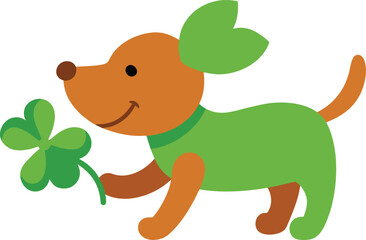 Obraz premium Cute cartoon puppy dog holding a green clover leaf Vector