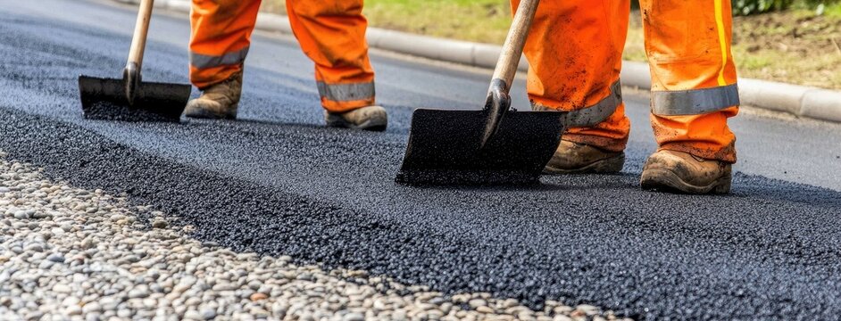 Construction workers in orange uniforms spread fresh asphalt on an old street, revitalizing the worn pavement