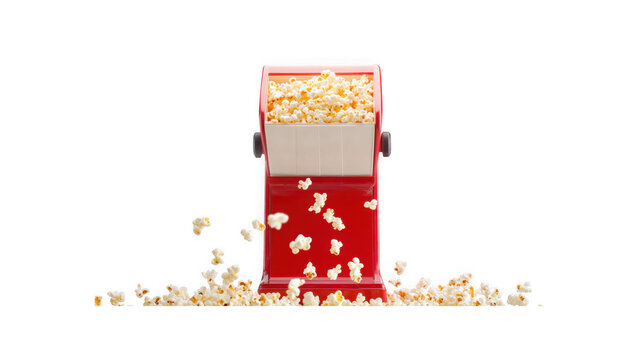 Frontal view of red popcorn maker machine dropping warm fluffy snacks onto a transparent surface.